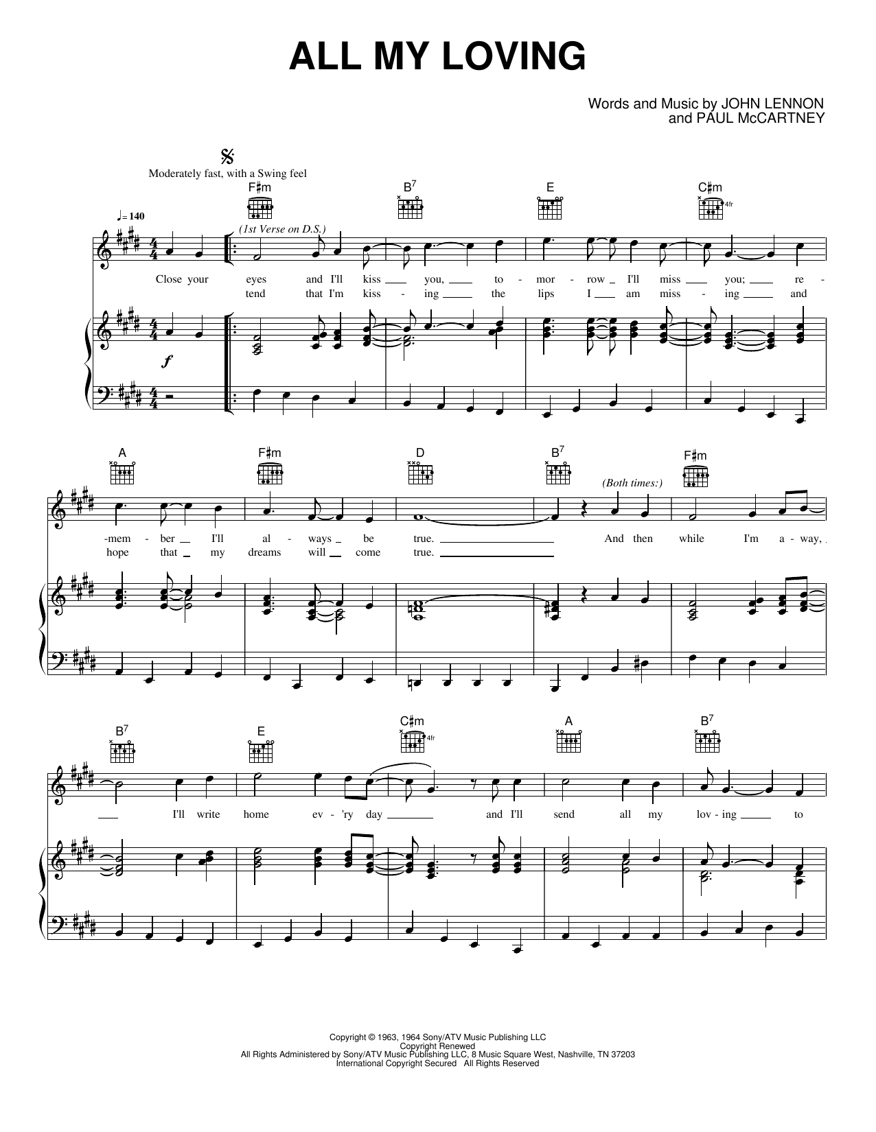 All My Loving: Piano/Vocal/Guitar Sheet