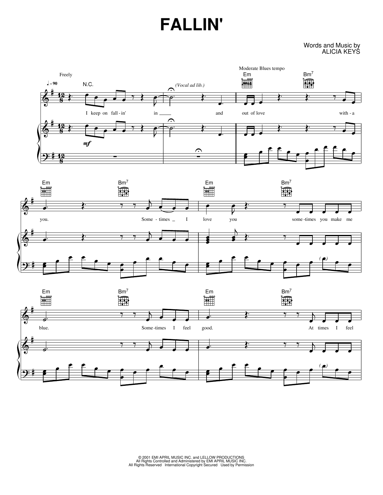 Fallin': Piano/Vocal/Guitar Sheet