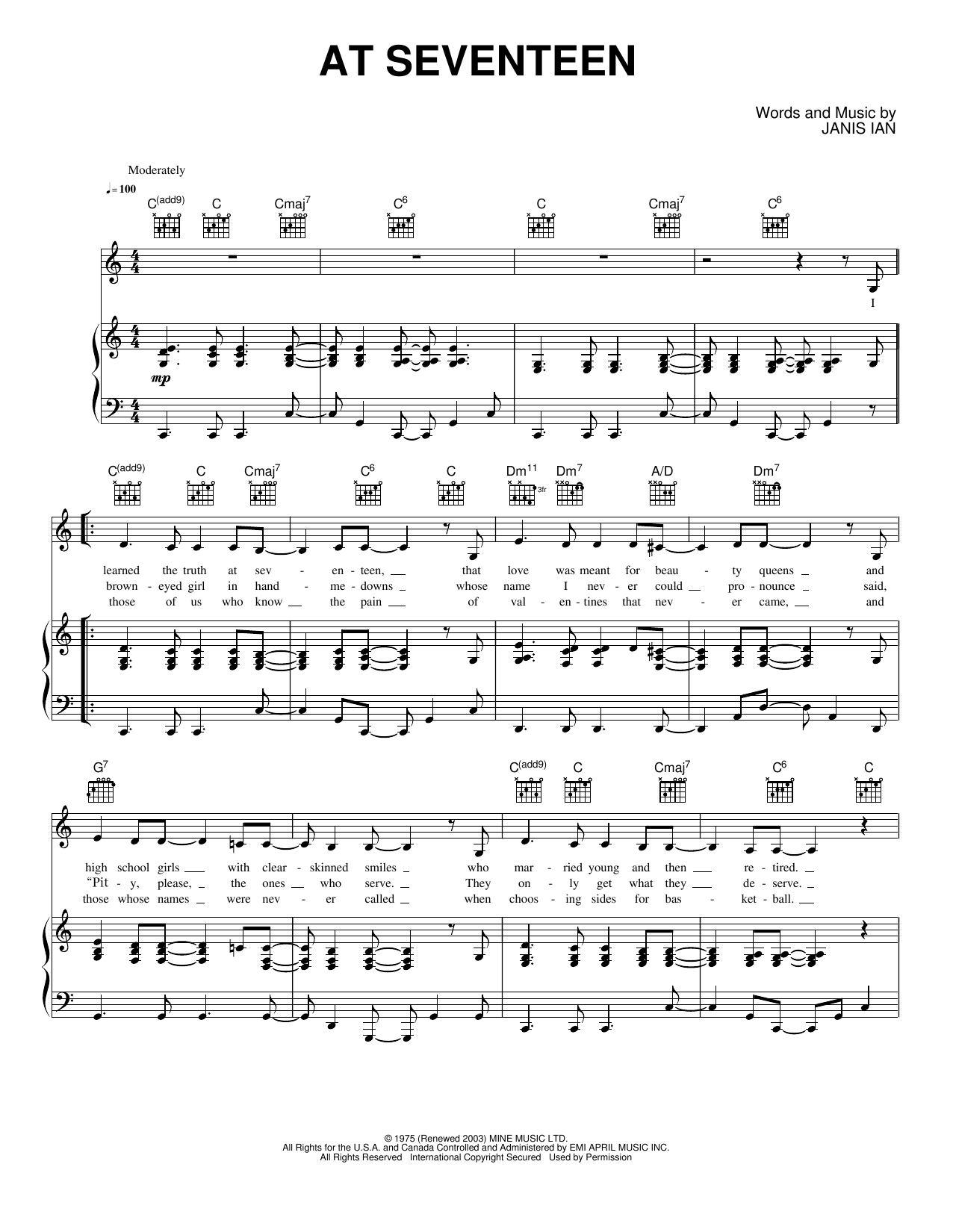 At Seventeen: Piano/Vocal/Guitar Sheet