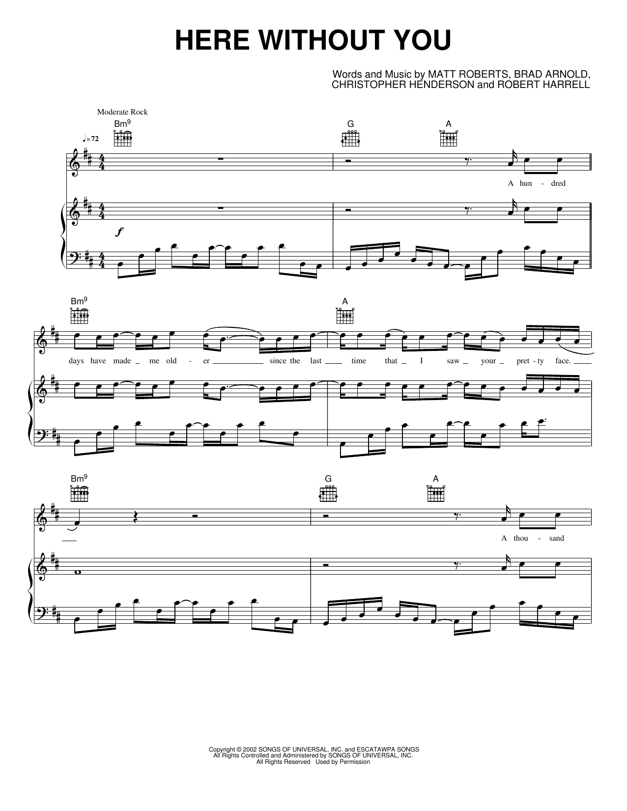 Here Without You: Piano/Vocal/Guitar Sheet
