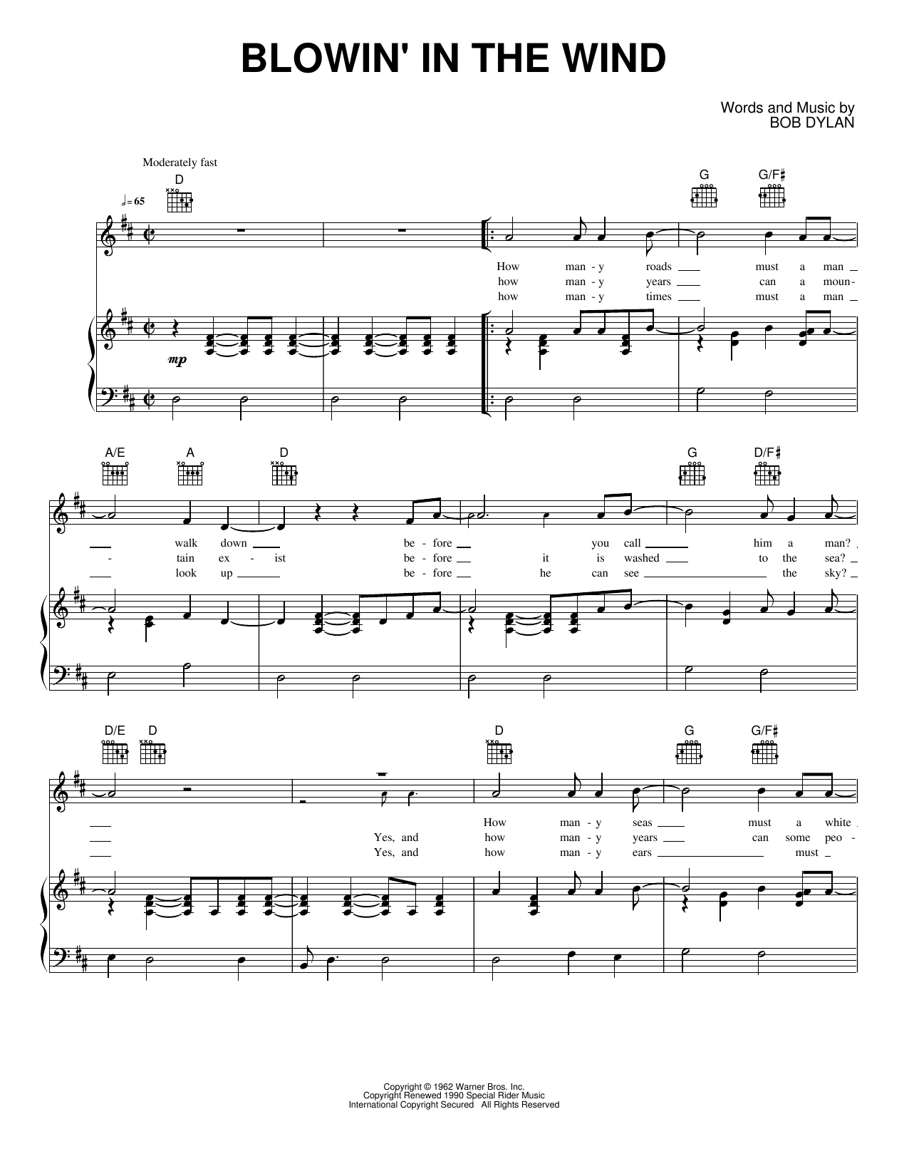Blowin' in the Wind: Piano/Vocal/Guitar Sheet