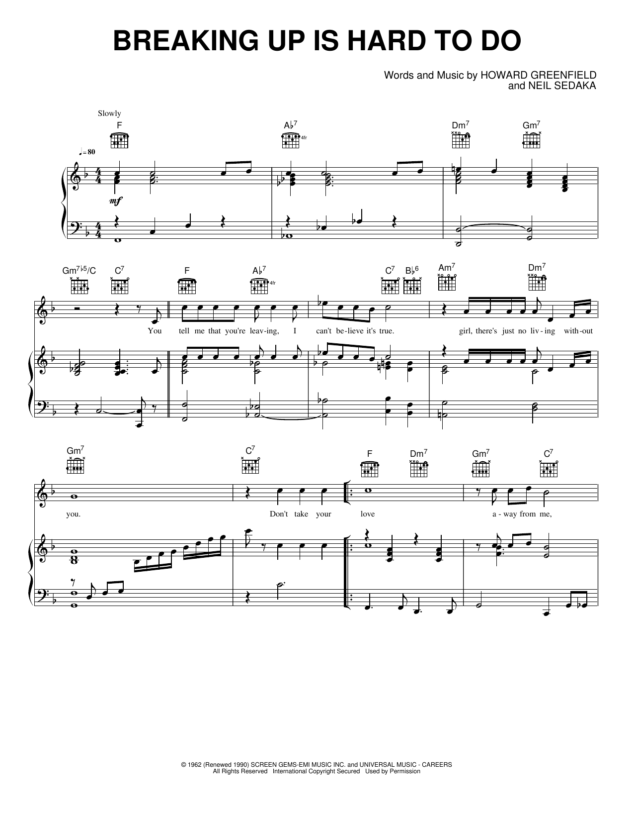 Breaking Up Is Hard to Do: Piano/Vocal/Guitar Sheet