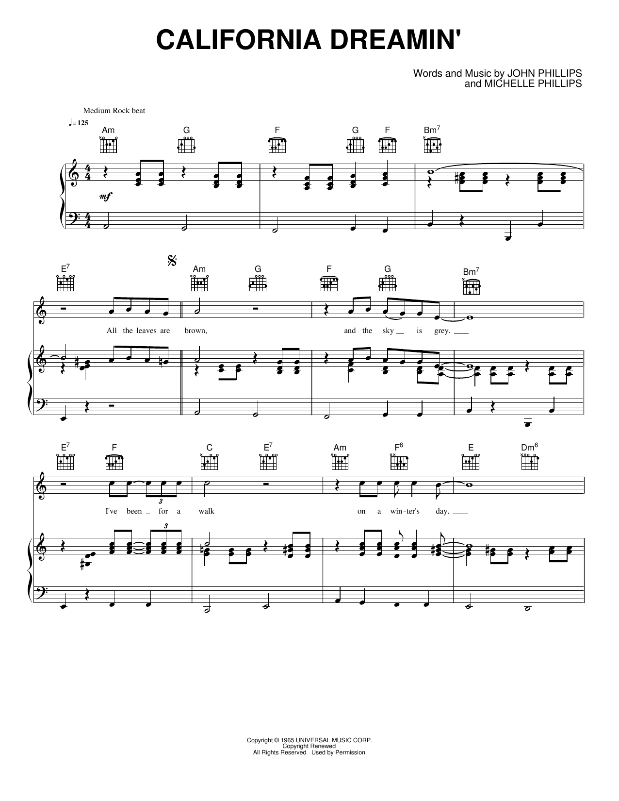 California Dreamin': Piano/Vocal/Guitar Sheet