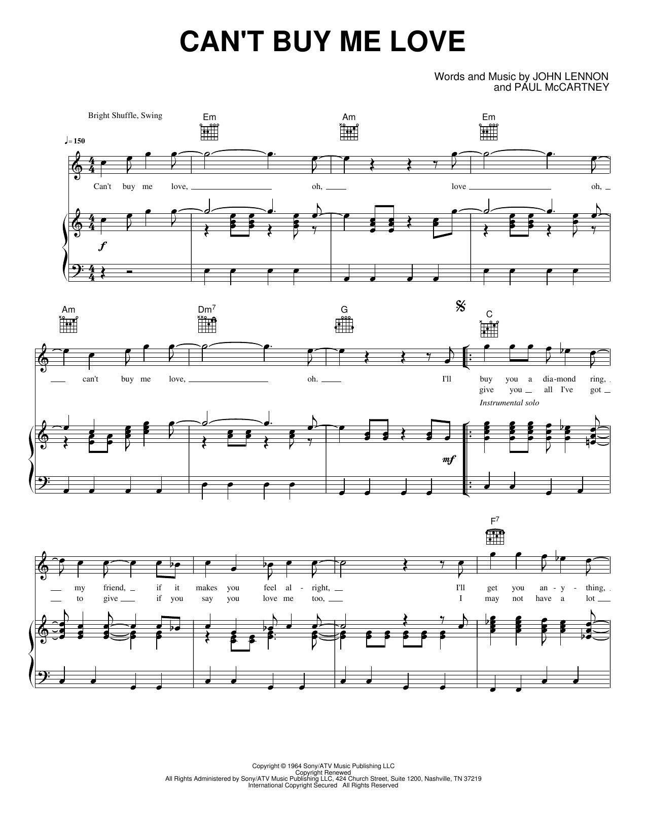 Can't Buy Me Love: Piano/Vocal/Guitar Sheet