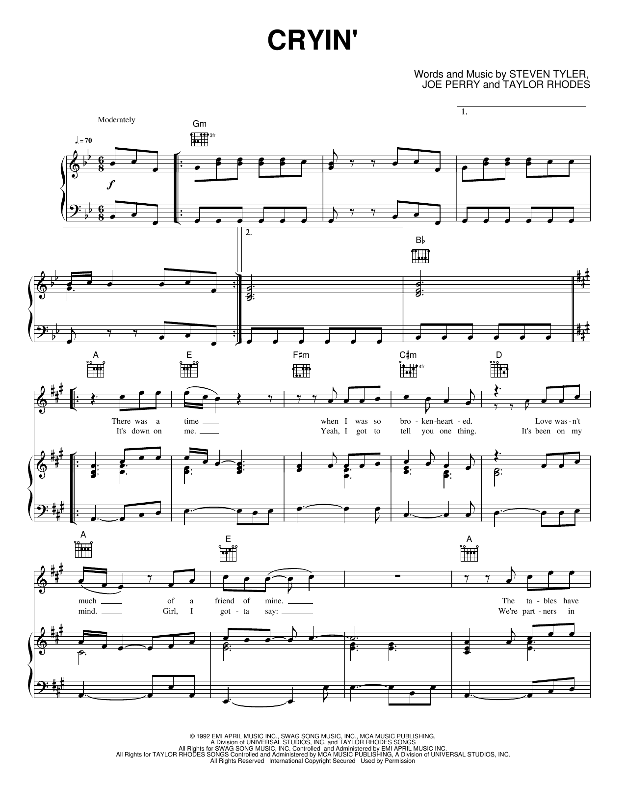 Cryin': Piano/Vocal/Guitar Sheet