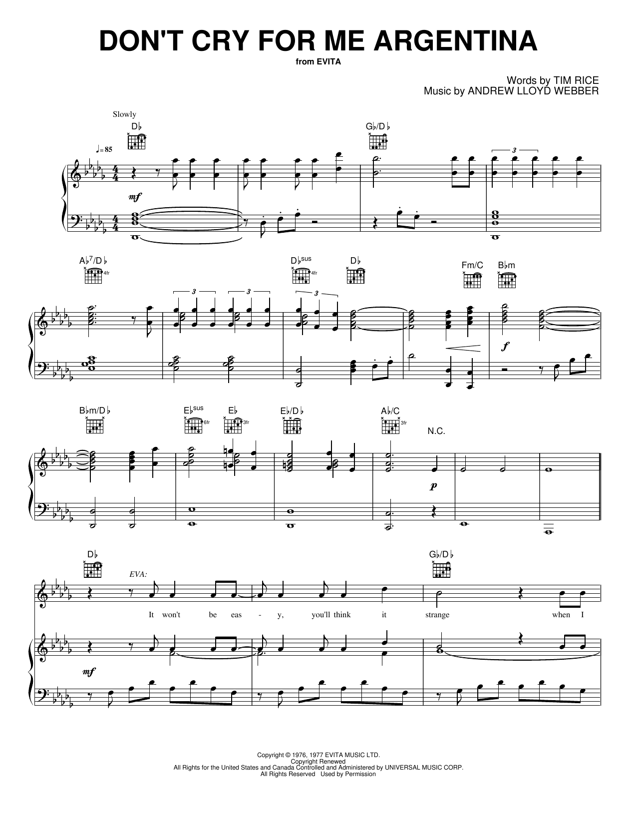 Don't Cry for Me Argentina: Piano/Vocal/Guitar Sheet