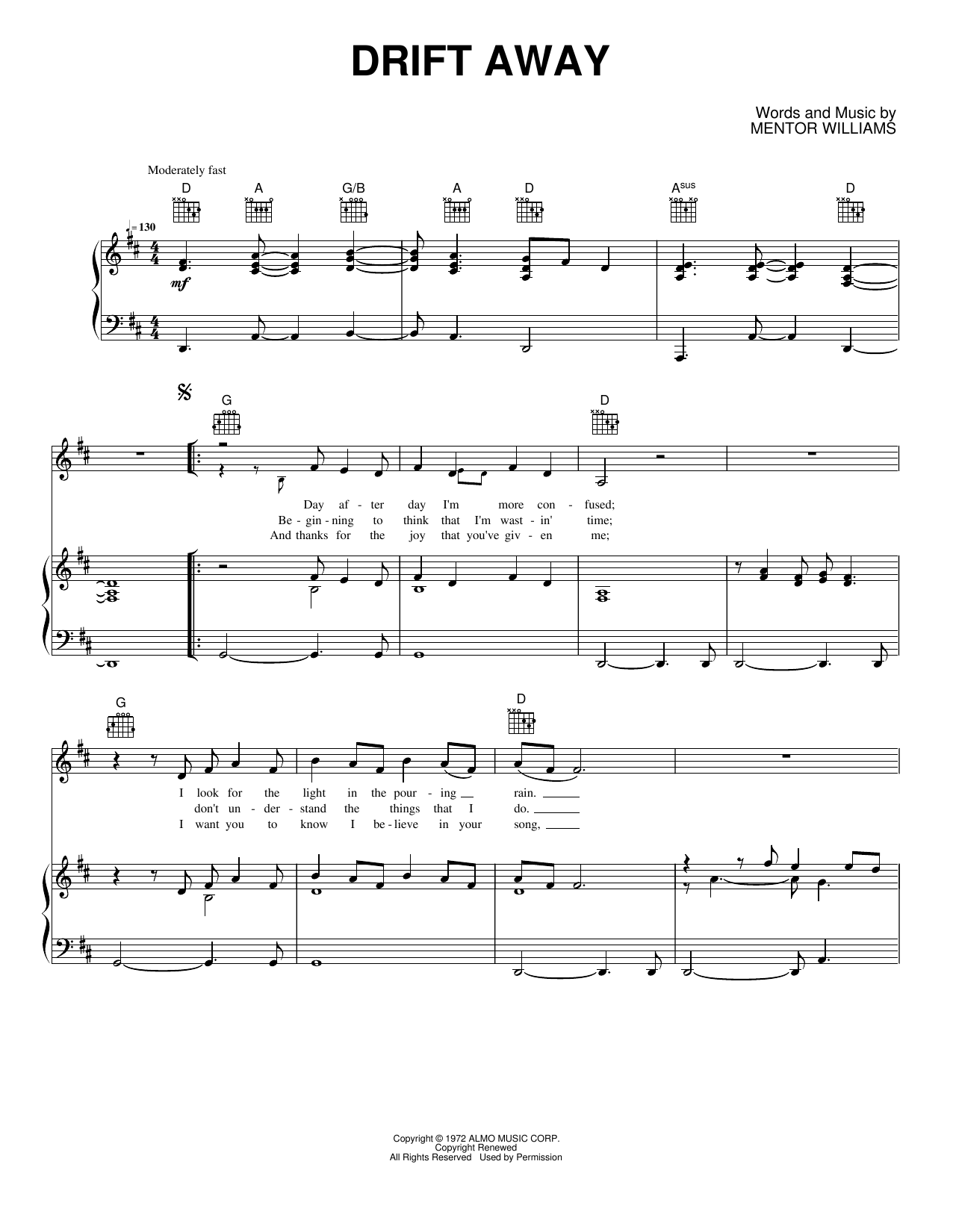 Drift Away (feat. Dobie Gray): Piano/Vocal/Guitar Sheet