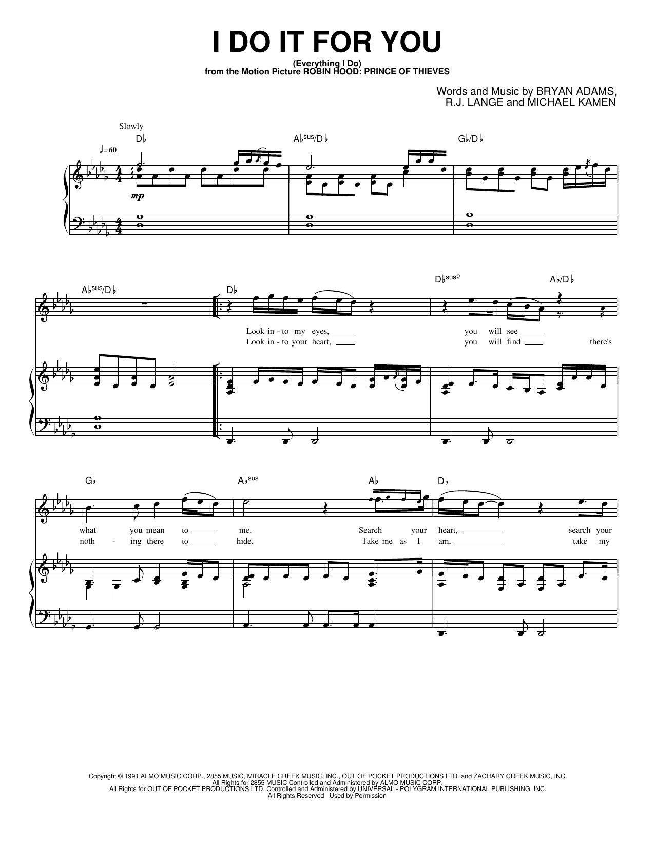 (Everything I Do) I Do It for You: Piano/Vocal/Guitar Sheet