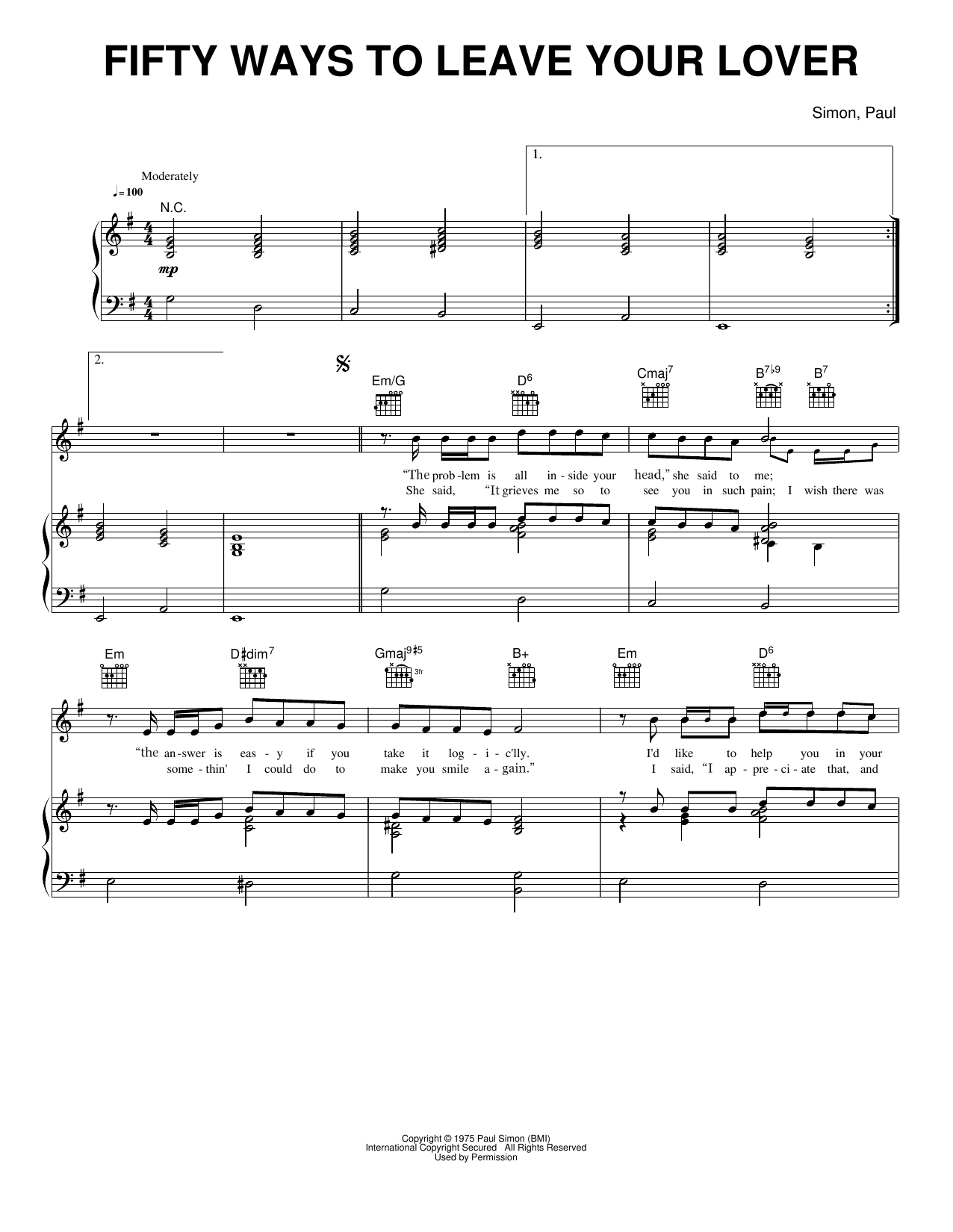 Fifty Ways To Leave Your Lover: Piano/Vocal/Guitar Sheet