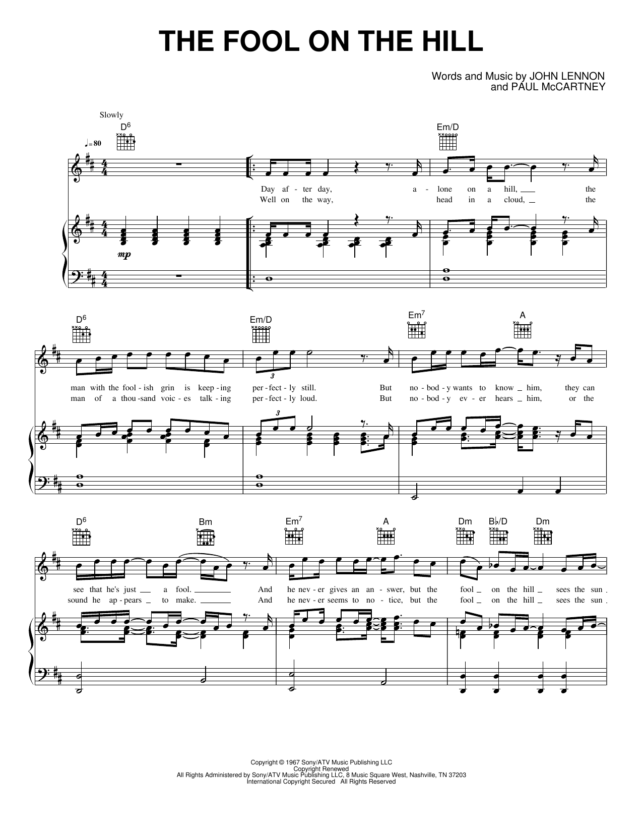 The Fool on the Hill: Piano/Vocal/Guitar Sheet