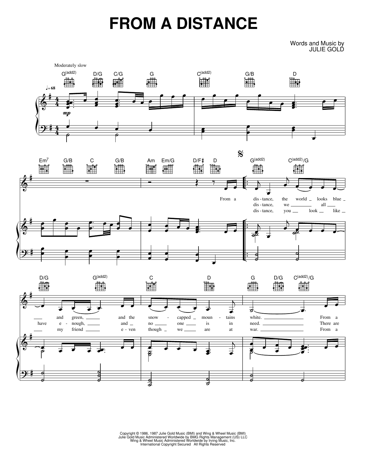 From A Distance: Piano/Vocal/Guitar Sheet