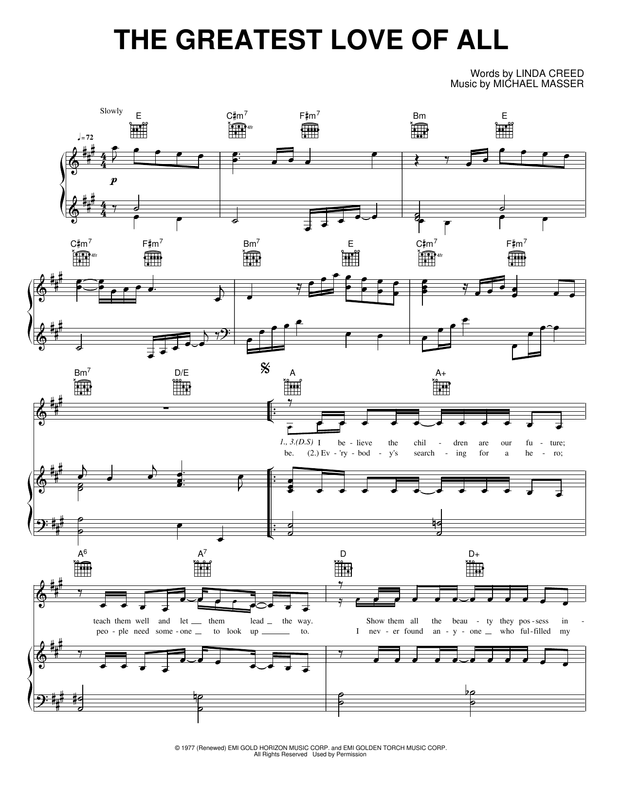 The Greatest Love Of All: Piano/Vocal/Guitar Sheet