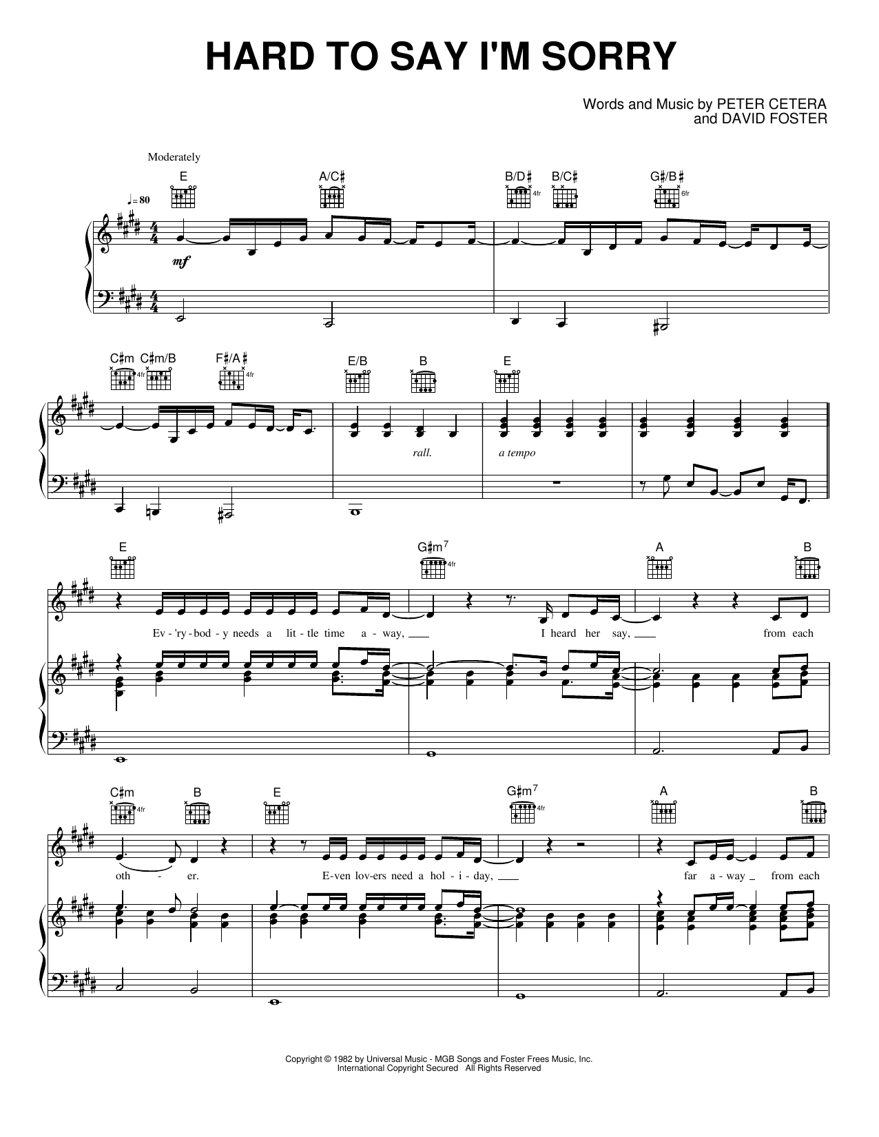 Hard to Say I'm Sorry: Piano/Vocal/Guitar Sheet