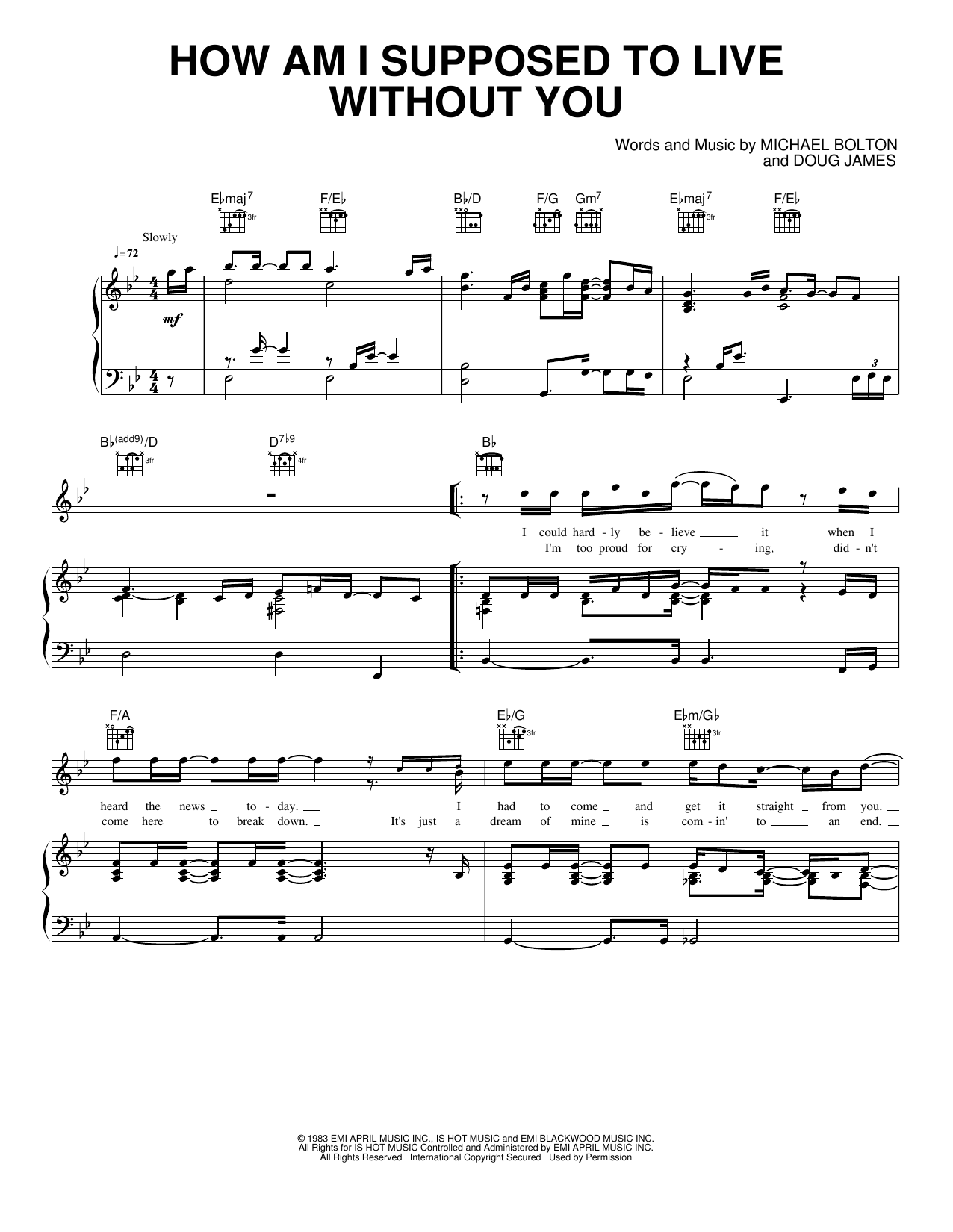 How Am I Supposed to Live Without You: Piano/Vocal/Guitar Sheet