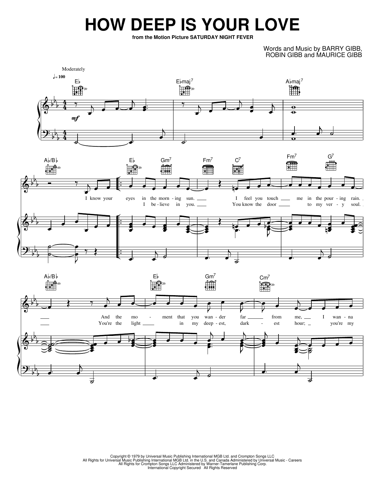 How Deep Is Your Love: Piano/Vocal/Guitar Sheet