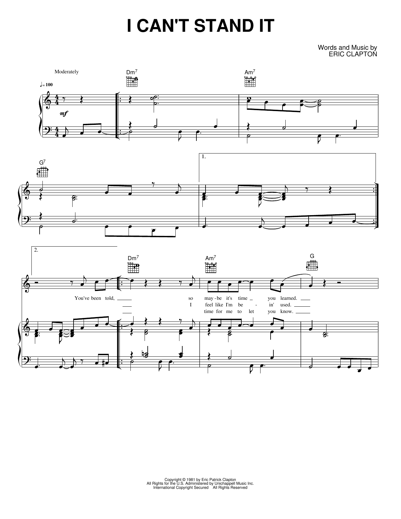 I Can't Stand It: Piano/Vocal/Guitar Sheet