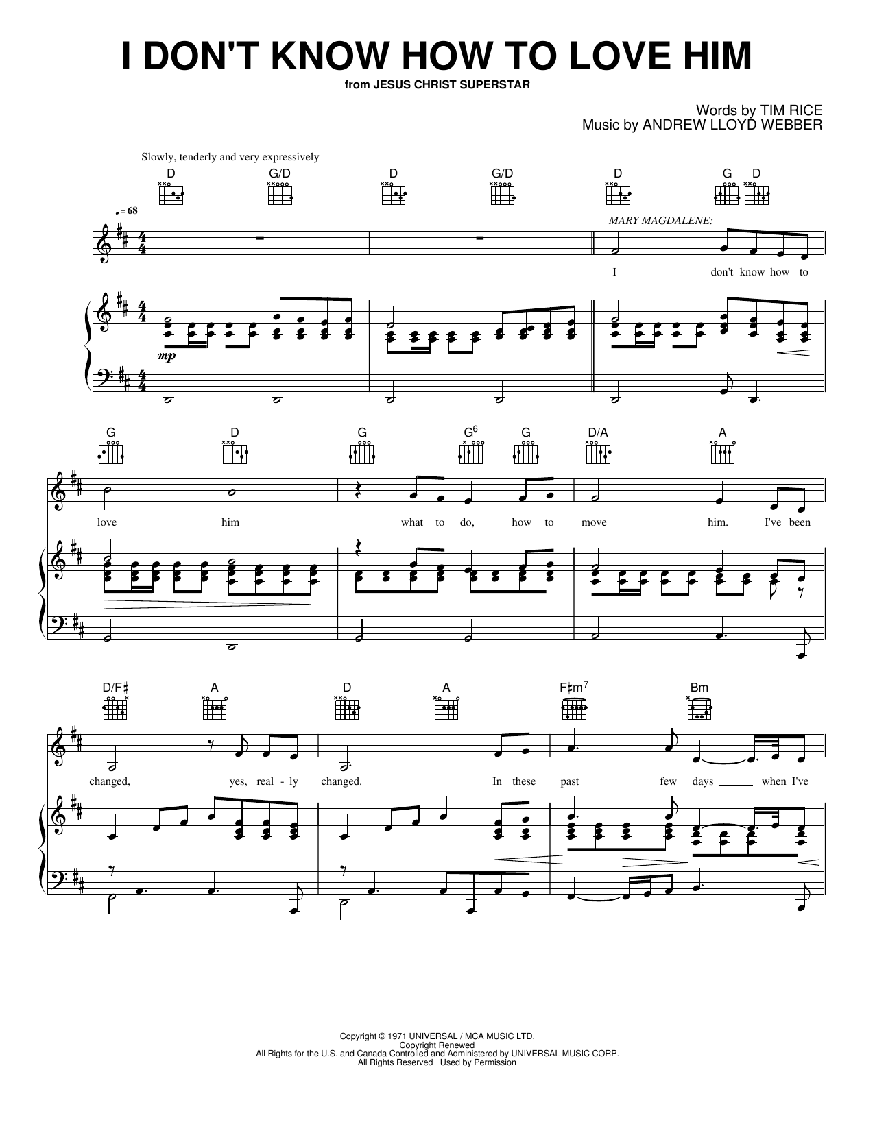 I Don't Know How to Love Him: Piano/Vocal/Guitar Sheet