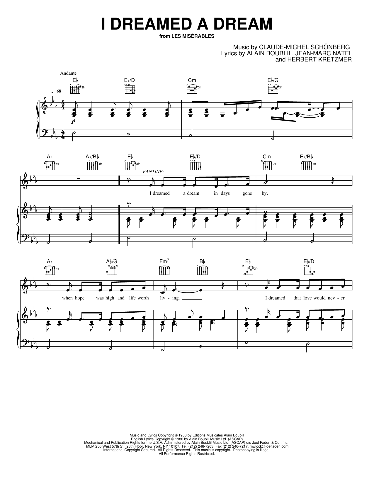 I Dreamed a Dream: Piano/Vocal/Guitar Sheet