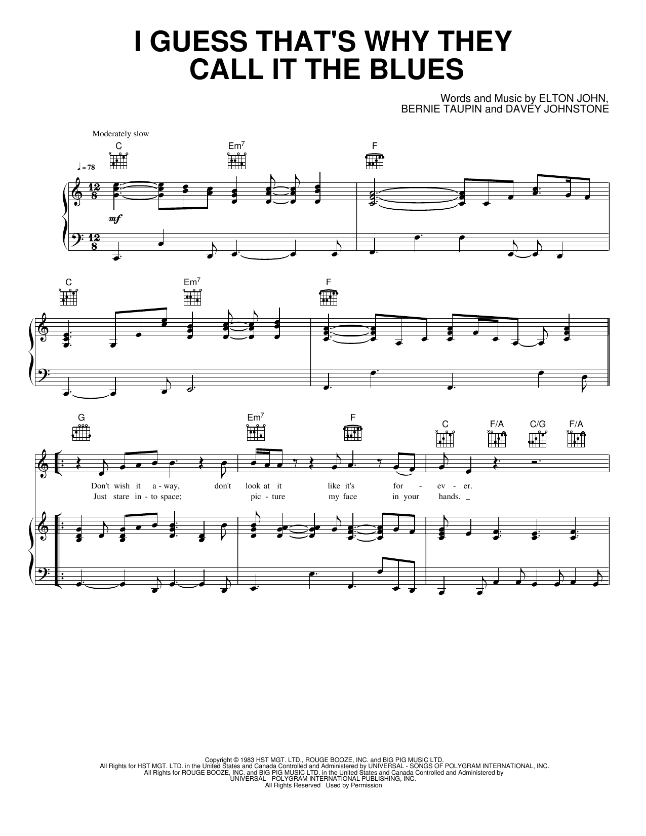 I Guess That's Why They Call It the Blues: Piano/Vocal/Guitar Sheet