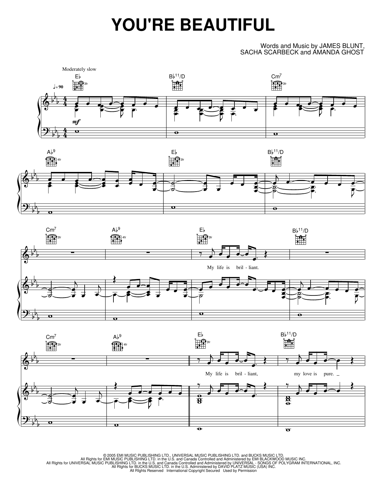 You're Beautiful: Piano/Vocal/Guitar Sheet