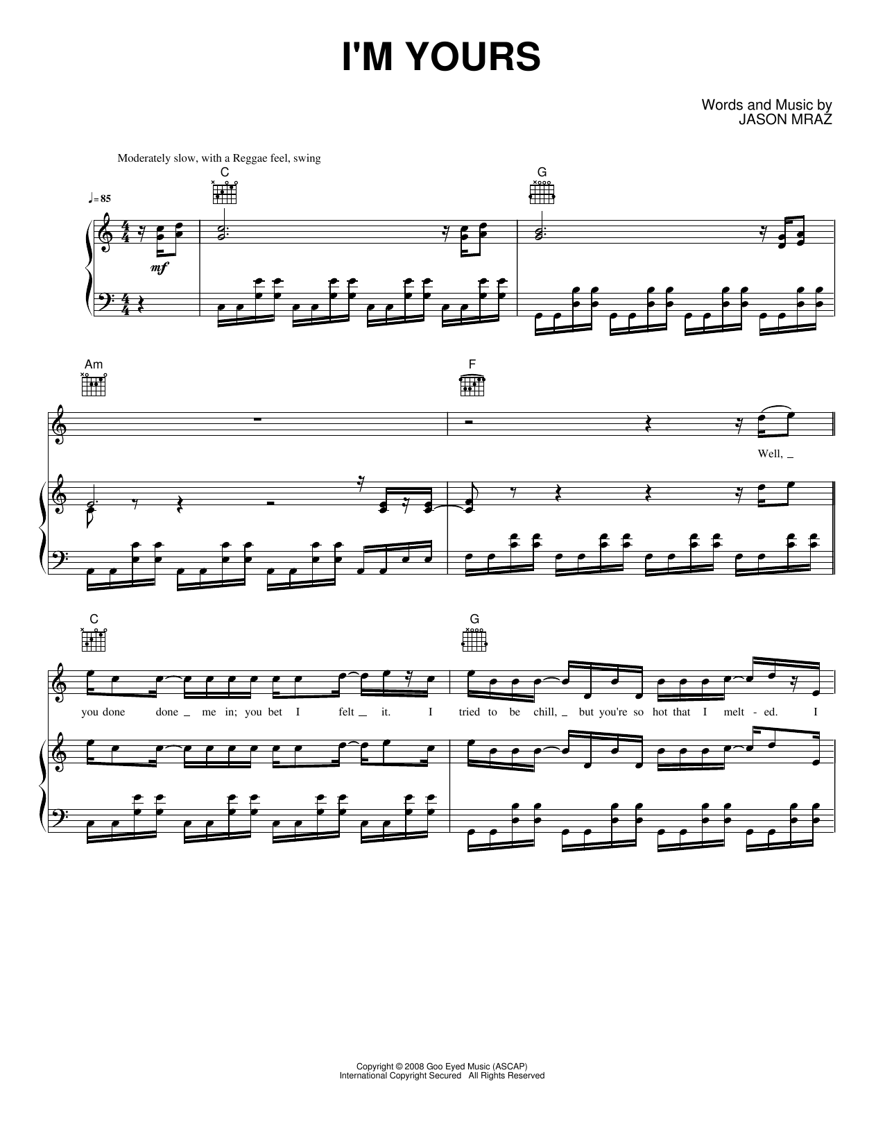 I'm Yours: Piano/Vocal/Guitar Sheet
