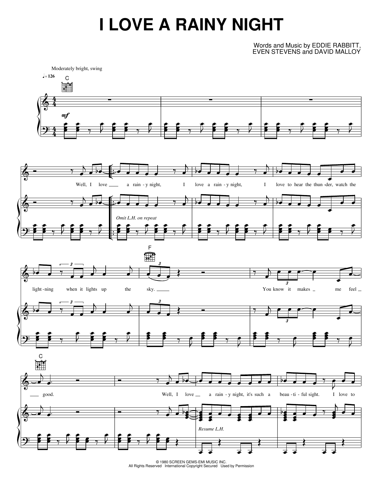 I Love A Rainy Night: Piano/Vocal/Guitar Sheet