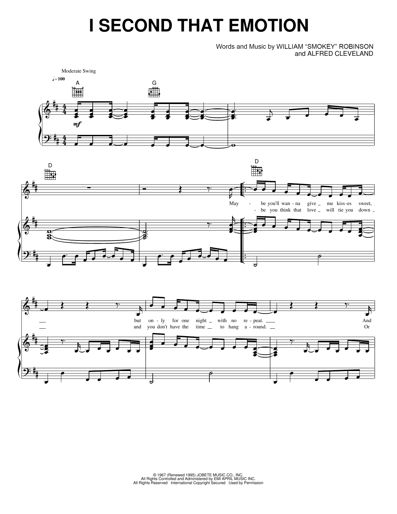 I Second That Emotion: Piano/Vocal/Guitar Sheet