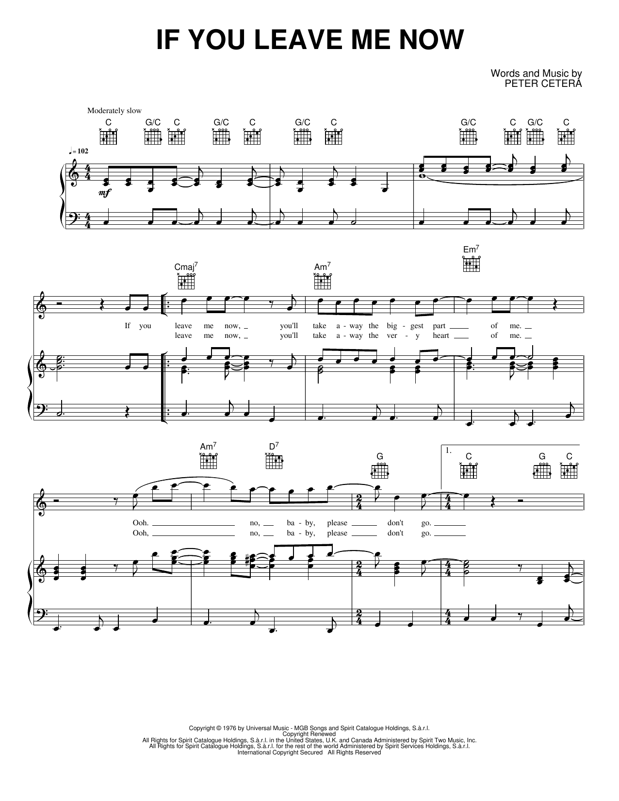 If You Leave Me Now: Piano/Vocal/Guitar Sheet