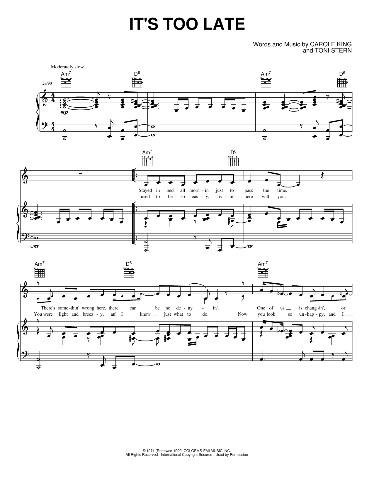 It's Too Late: Piano/Vocal/Guitar Sheet