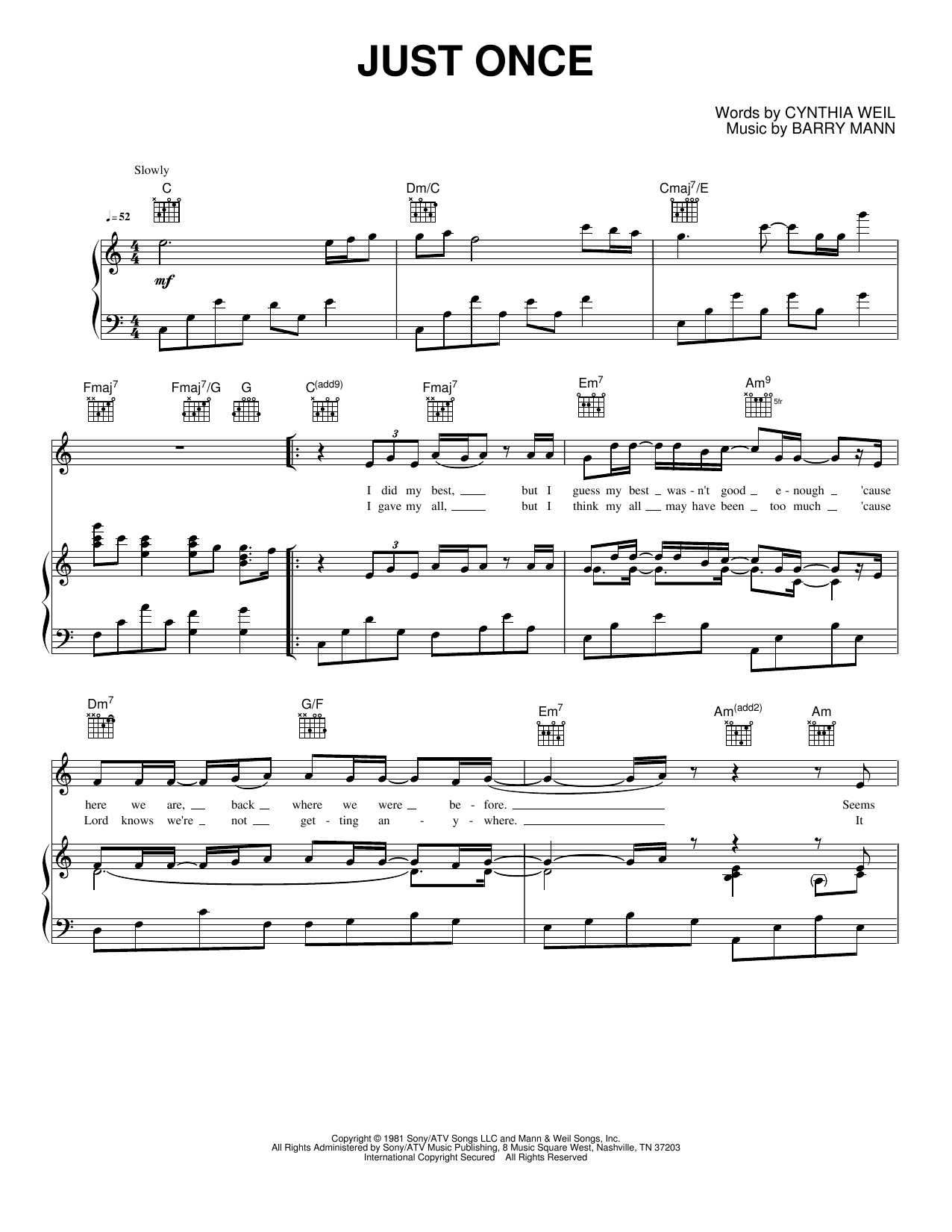 Just Once: Piano/Vocal/Guitar Sheet