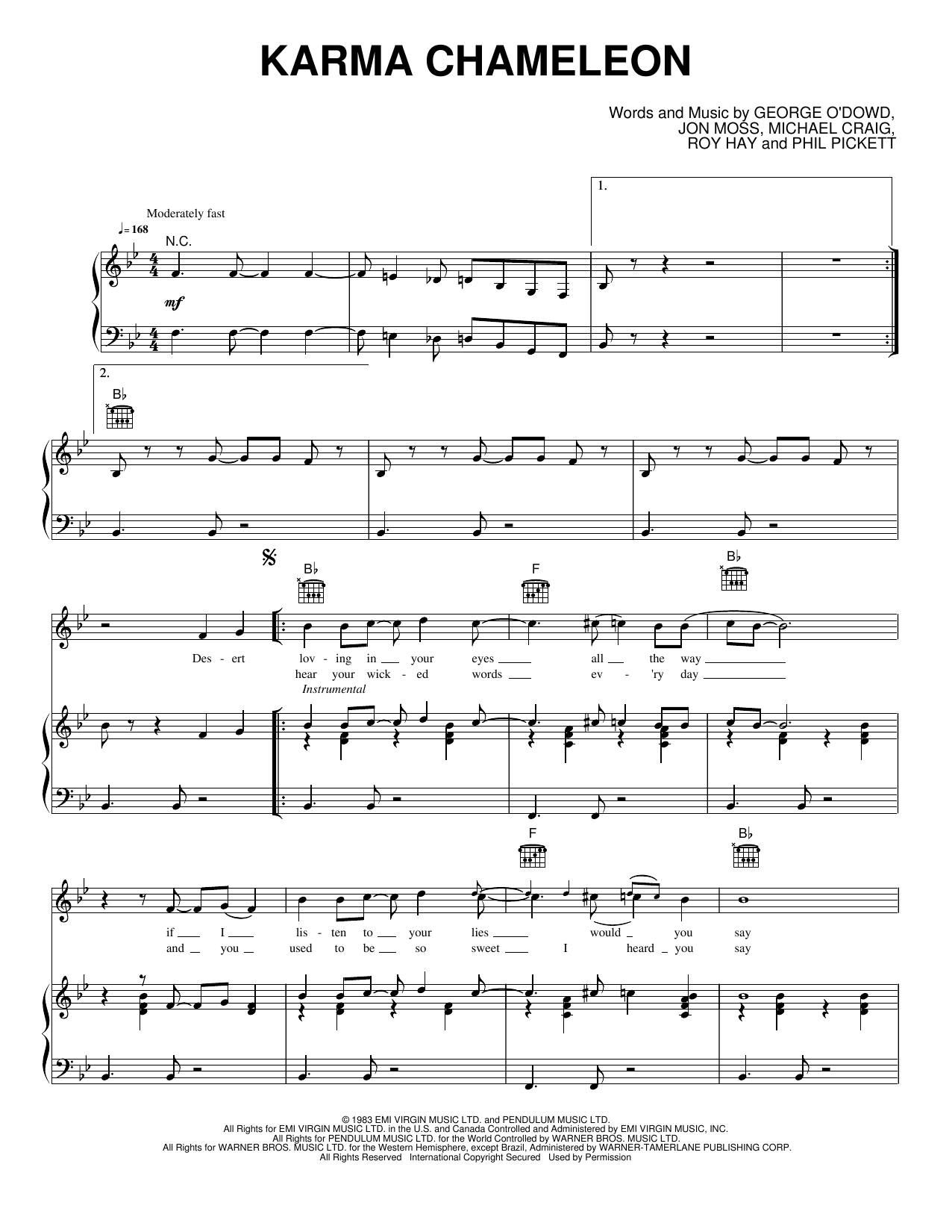 Karma Chameleon: Piano/Vocal/Guitar Sheet