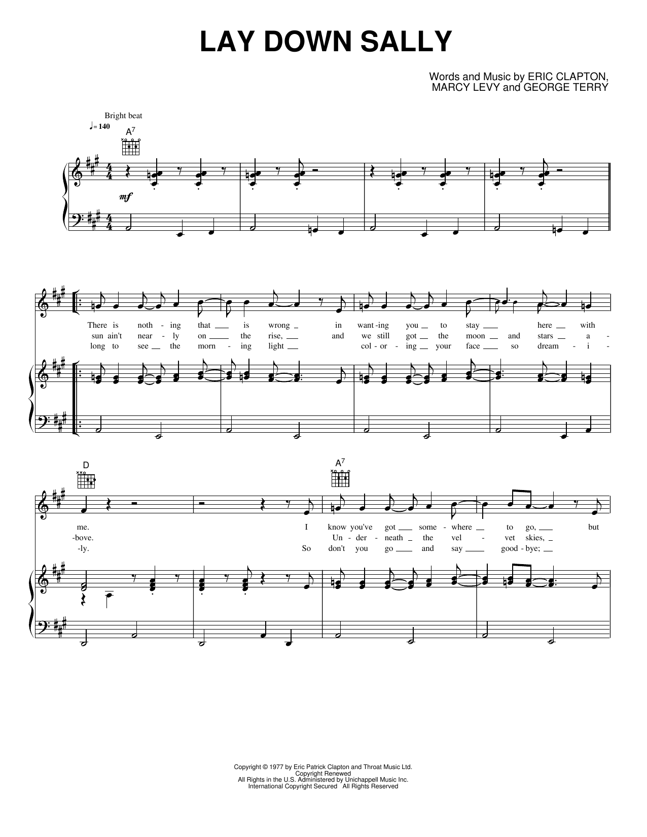 Lay Down Sally: Piano/Vocal/Guitar Sheet