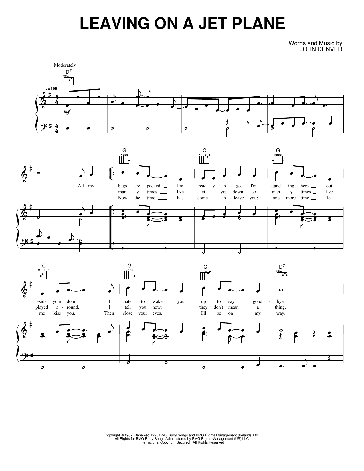 Leaving on a Jet Plane: Piano/Vocal/Guitar Sheet