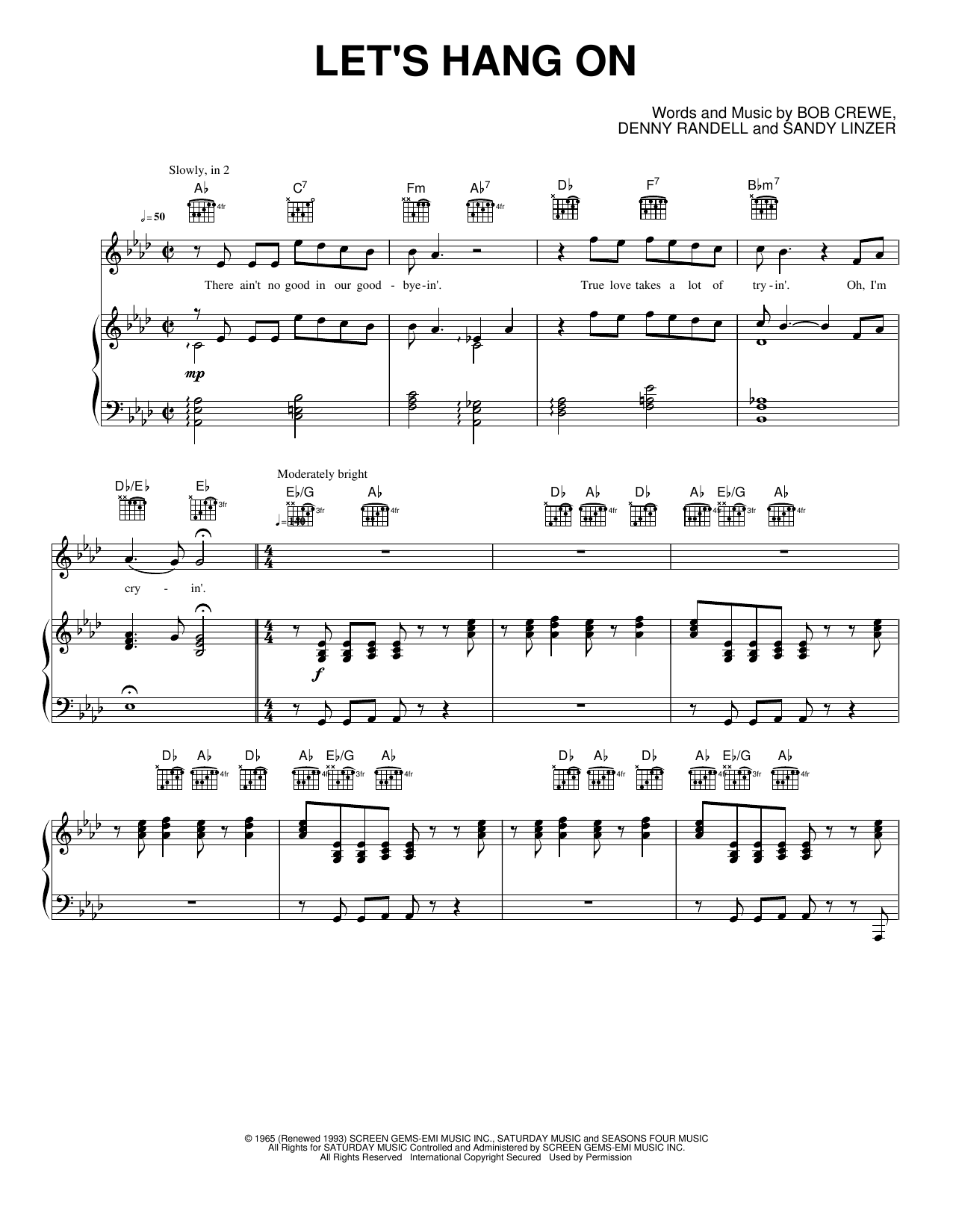 Let's Hang On: Piano/Vocal/Guitar Sheet