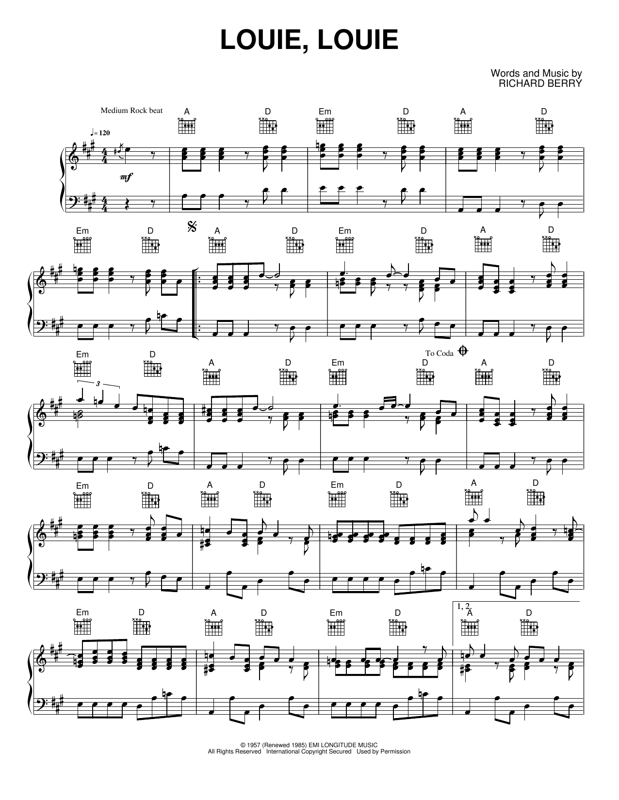Louie, Louie: Piano/Vocal/Guitar Sheet