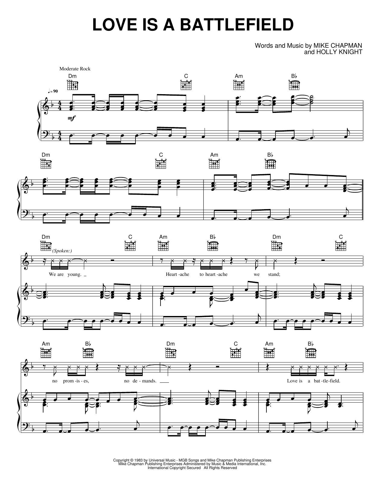 Love Is A Battlefield: Piano/Vocal/Guitar Sheet