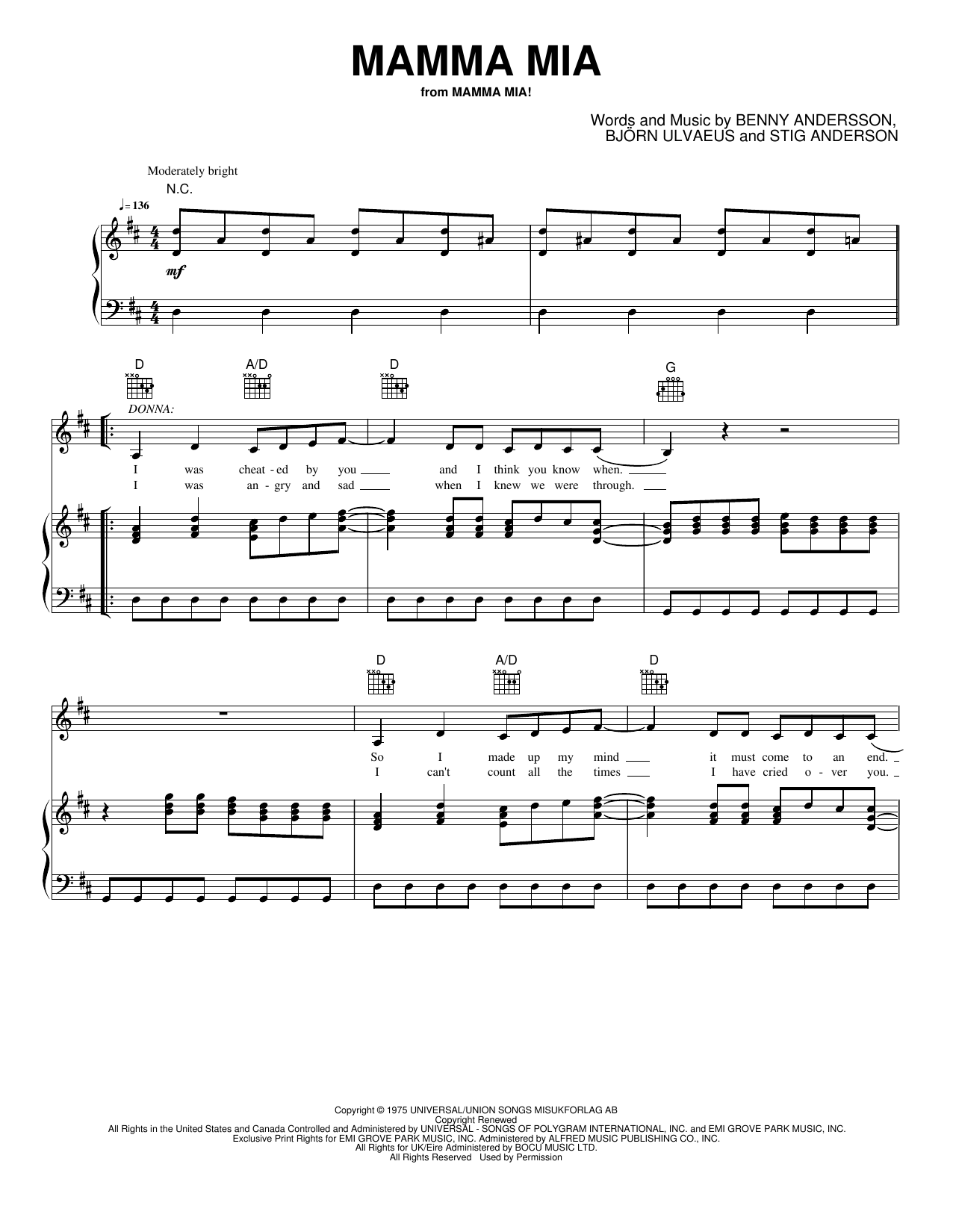Mamma Mia: Piano/Vocal/Guitar Sheet