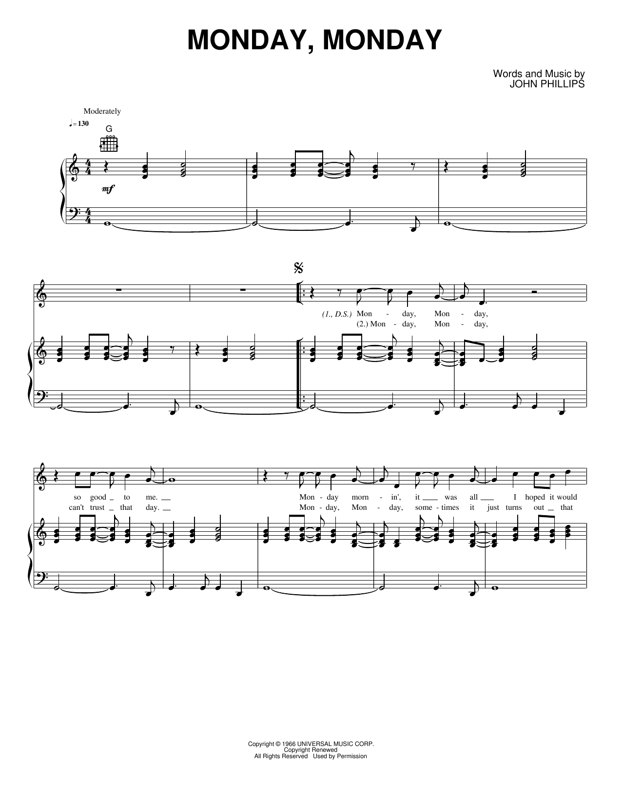 Monday, Monday: Piano/Vocal/Guitar Sheet