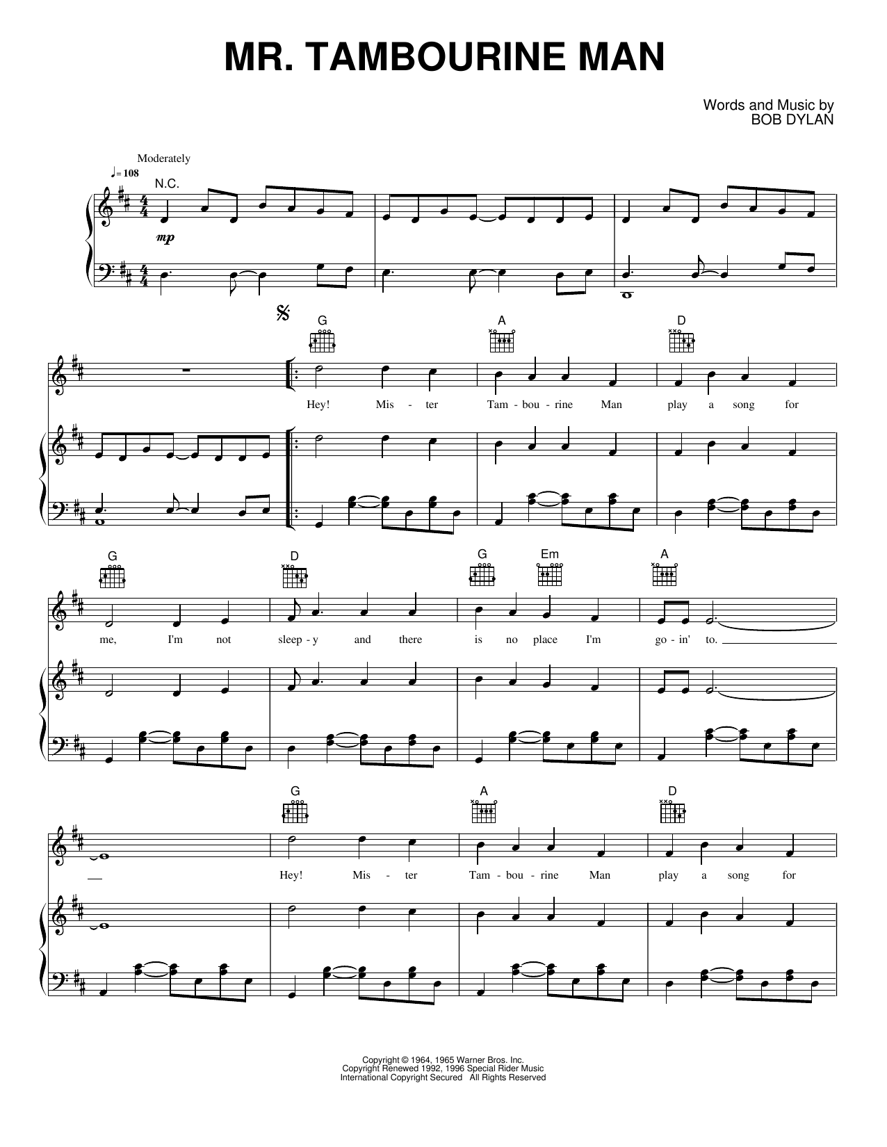 Mr. Tambourine Man: Piano/Vocal/Guitar Sheet