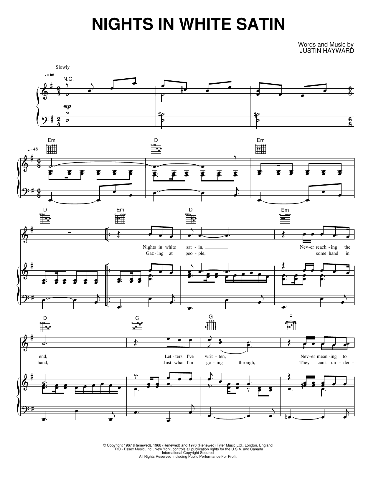 Nights in White Satin: Piano/Vocal/Guitar Sheet