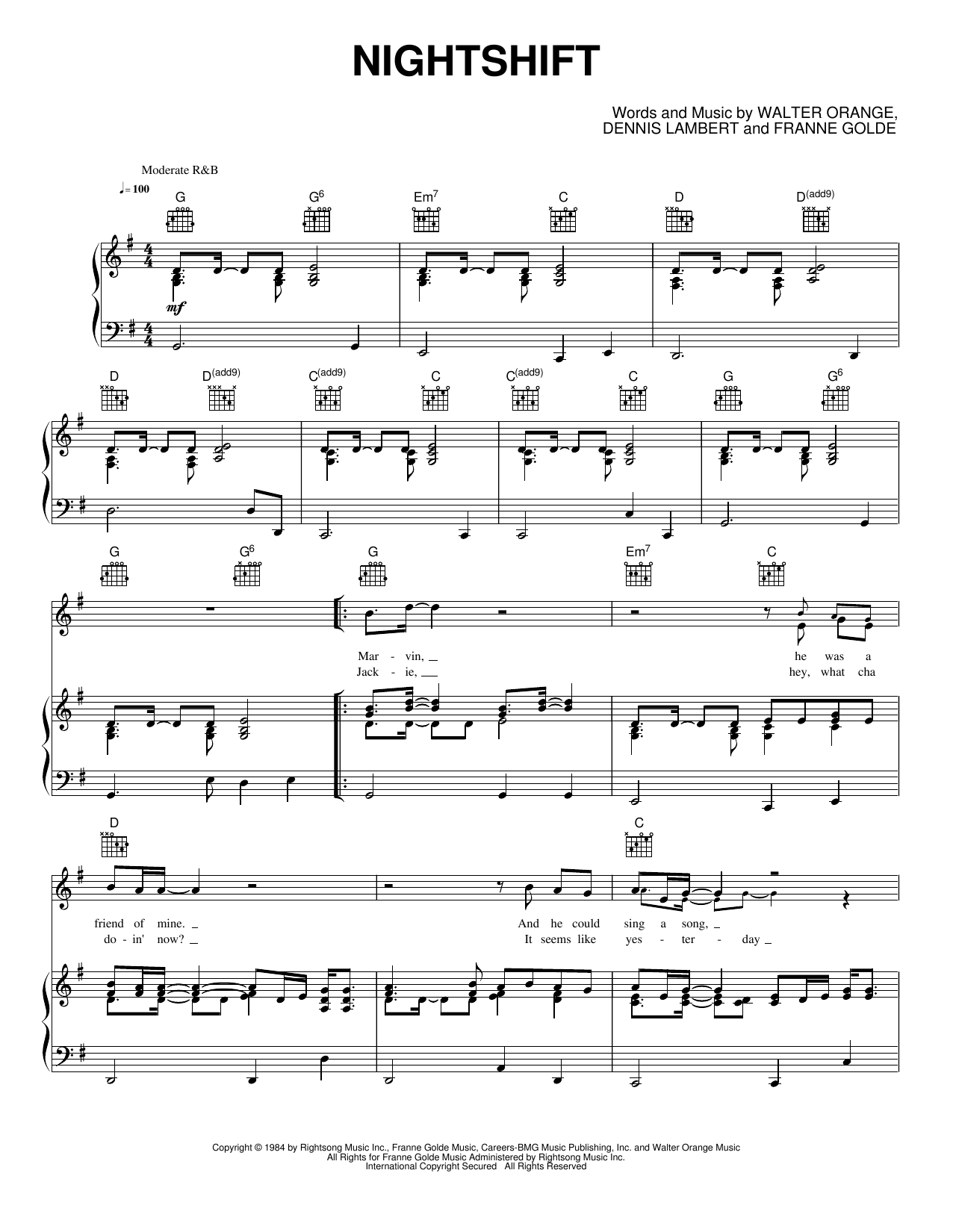 Nightshift: Piano/Vocal/Guitar Sheet
