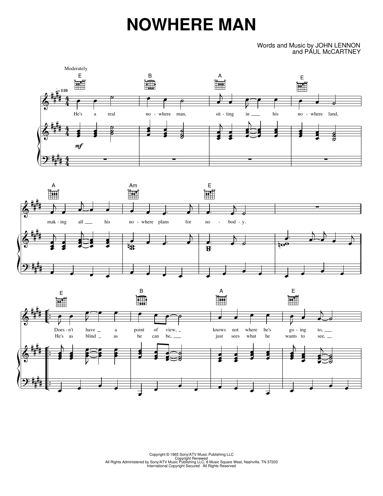 Nowhere Man Sheet Music | The Beatles | Piano, Vocal &amp; Guitar Chords (Right-Hand Melody)