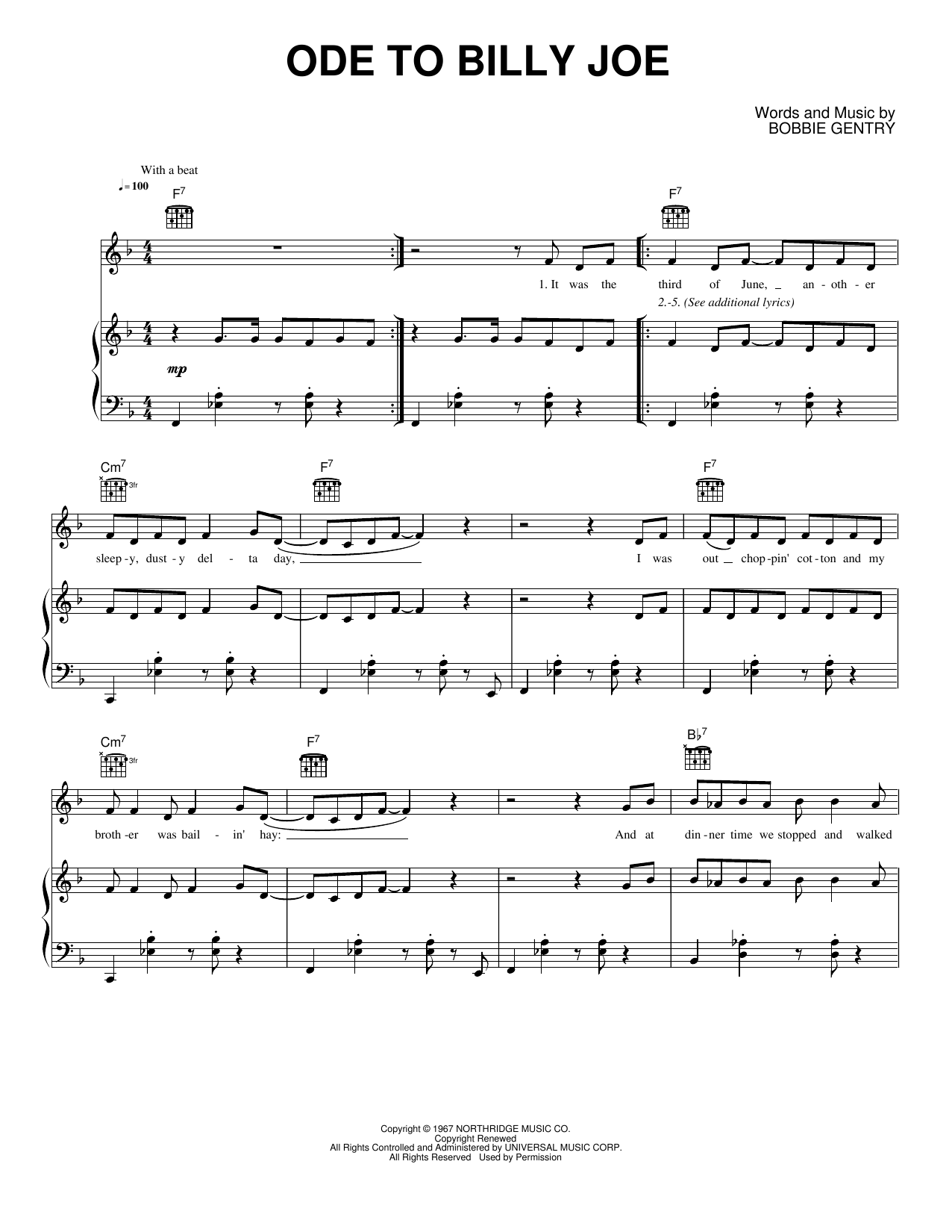 Ode To Billy Joe: Piano/Vocal/Guitar Sheet