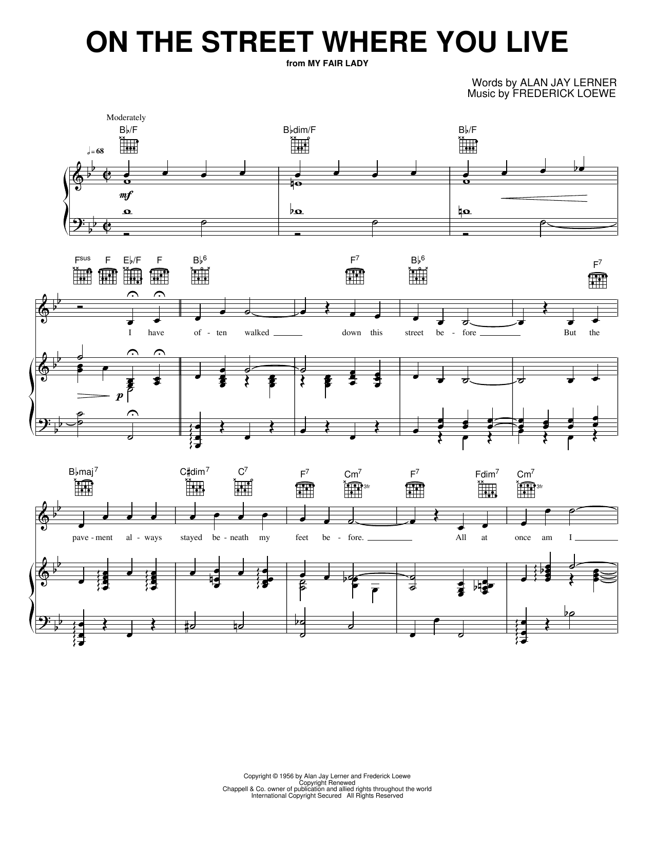 On The Street Where You Live: Piano/Vocal/Guitar Sheet