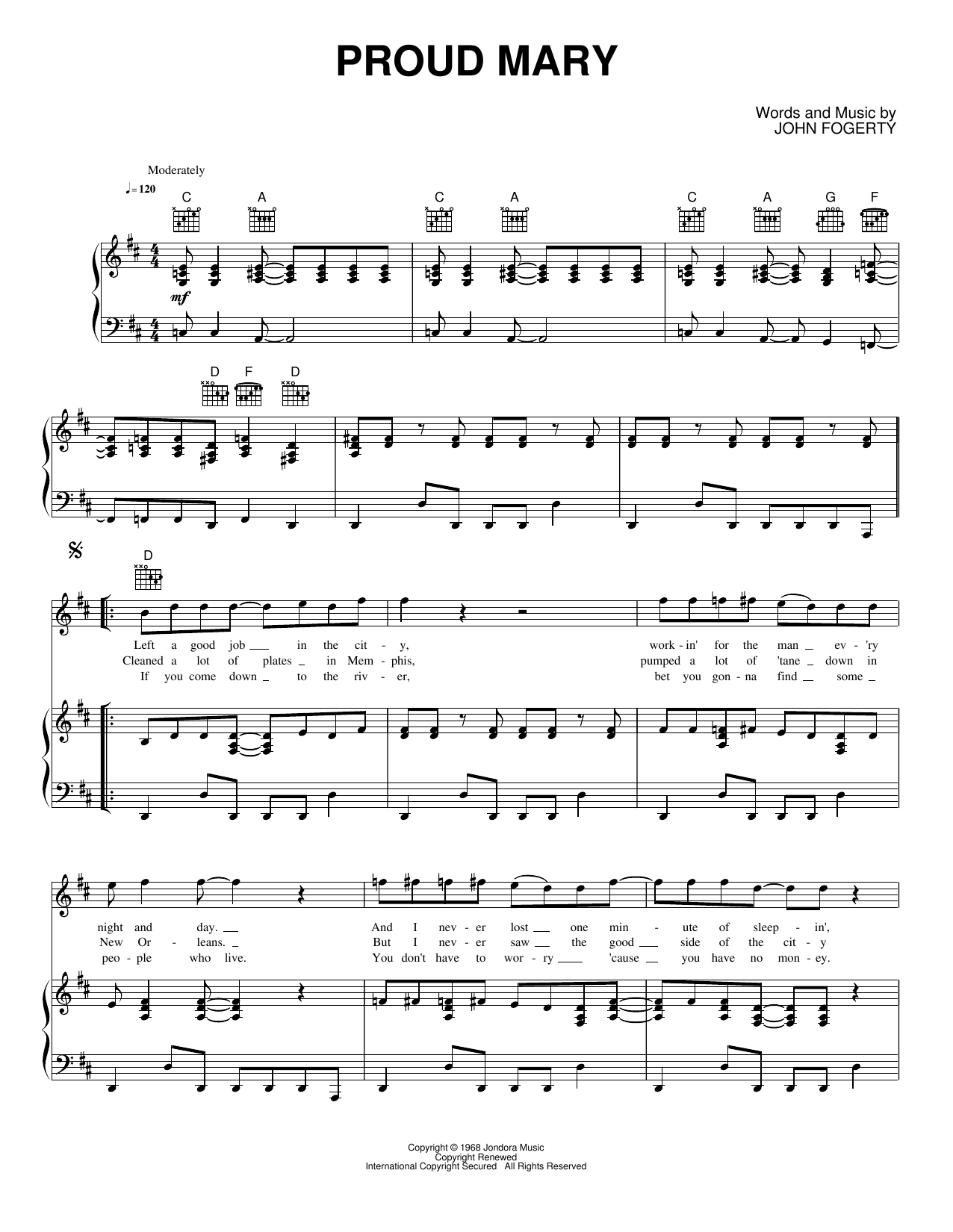 Proud Mary: Piano/Vocal/Guitar Sheet
