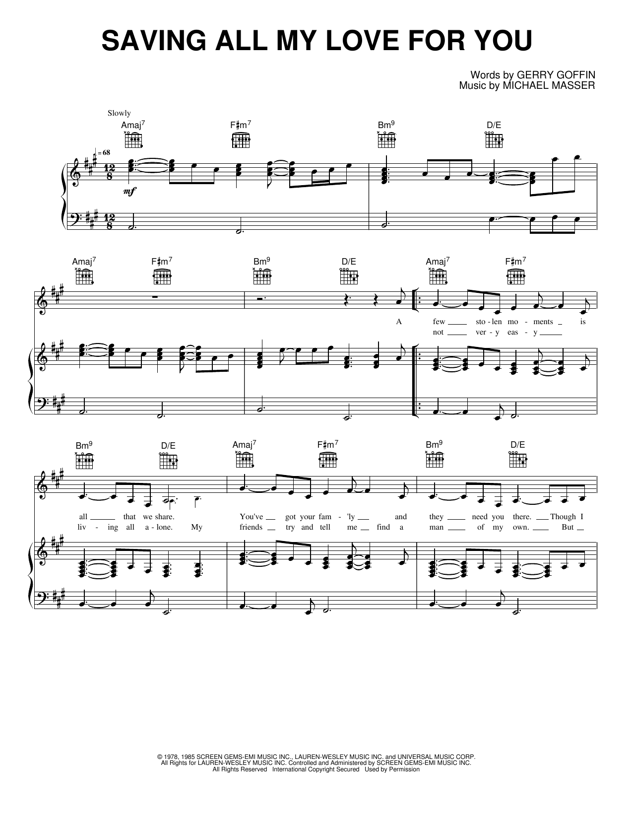Saving All My Love for You: Piano/Vocal/Guitar Sheet