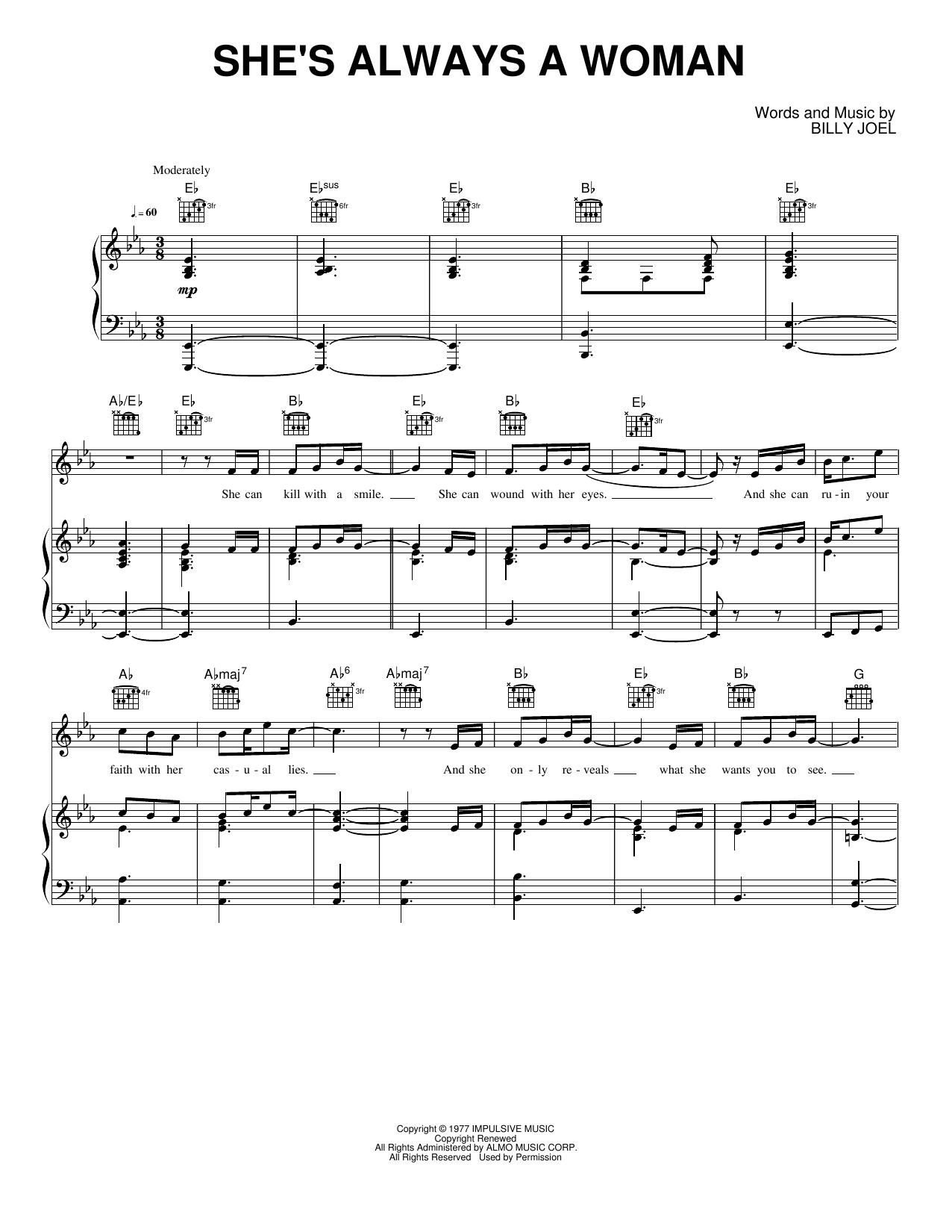 She's Always a Woman: Piano/Vocal/Guitar Sheet