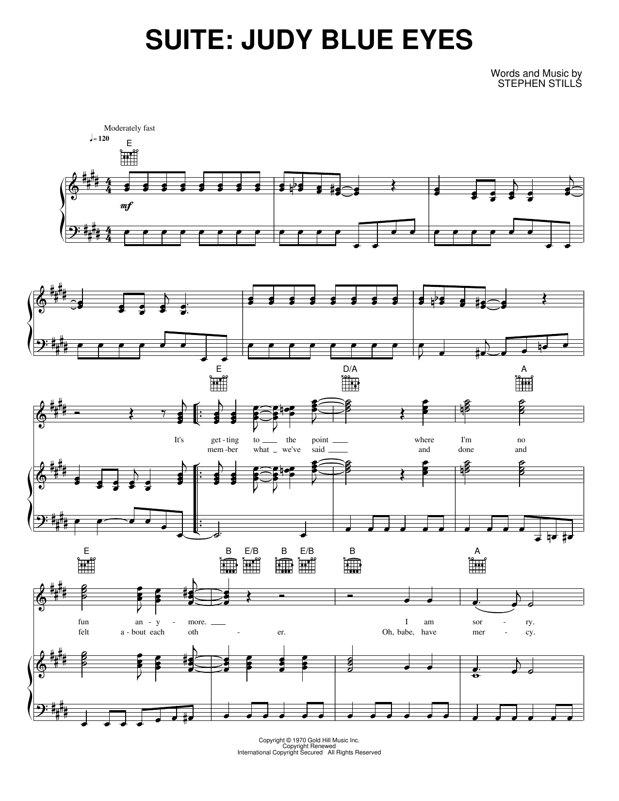 Suite: Judy Blue Eyes: Piano/Vocal/Guitar Sheet