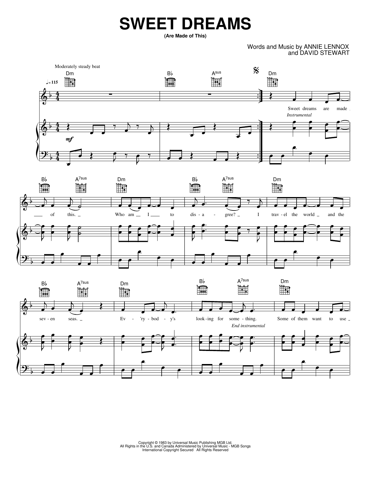 Sweet Dreams (Are Made of This): Piano/Vocal/Guitar Sheet