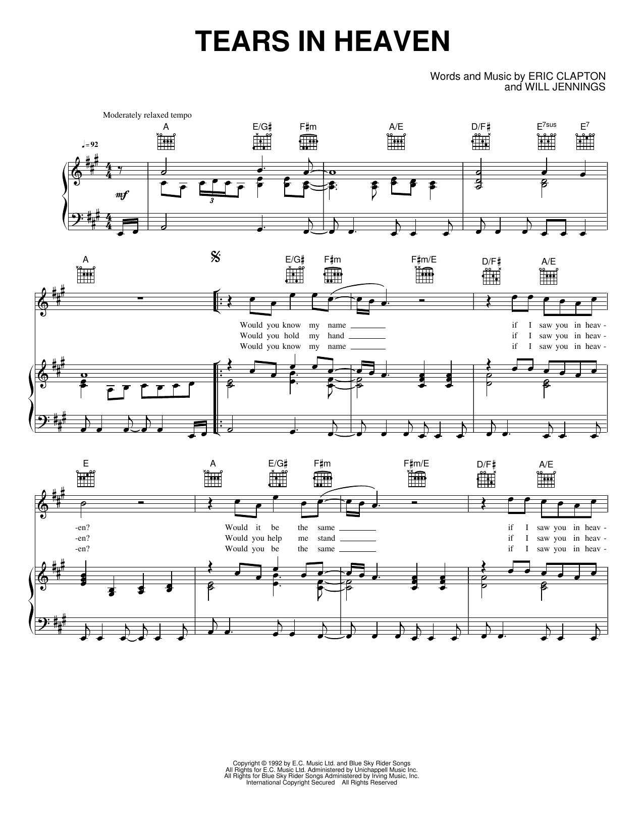 Tears In Heaven: Piano/Vocal/Guitar Sheet